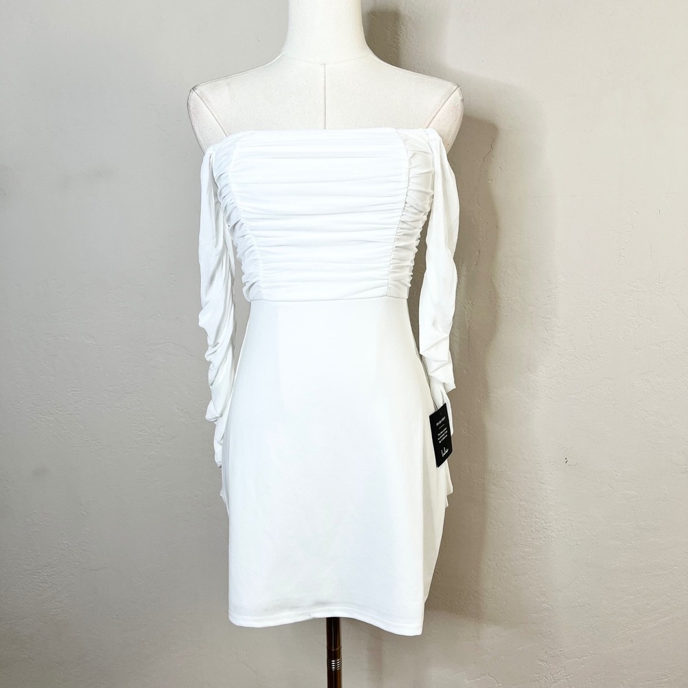 Lulus White Off the Shoulder Ruched Long Sleeve Mesh Bodycon Mini Dress Small